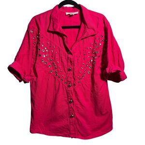 VTG 80s Hot Pink Star Studded Rodeo Top Button Up Short Sleeve Glam Western L